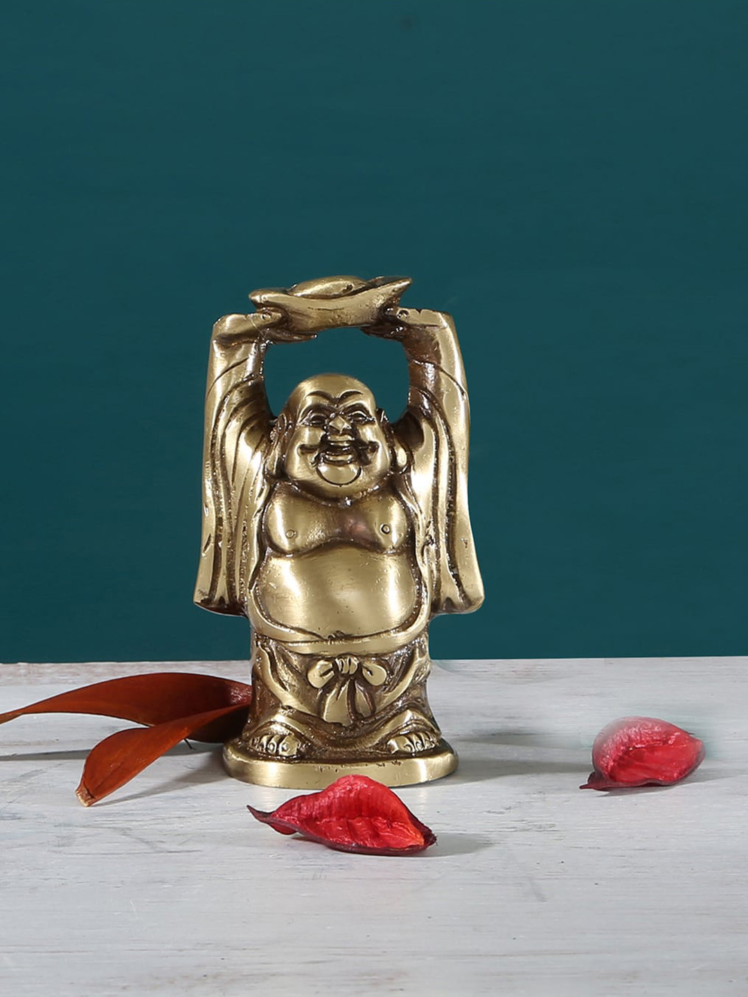 Two Moustaches Gold Toned Laughing Buddha With Ingot Showpiece