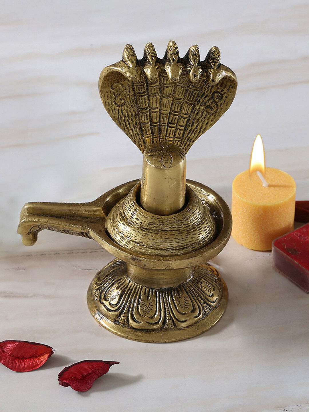 Two Moustaches Shivling with Sheshnag Gold Brass Glossy Prayer Room Set of 2 Medium Showpieces - 3 Inches