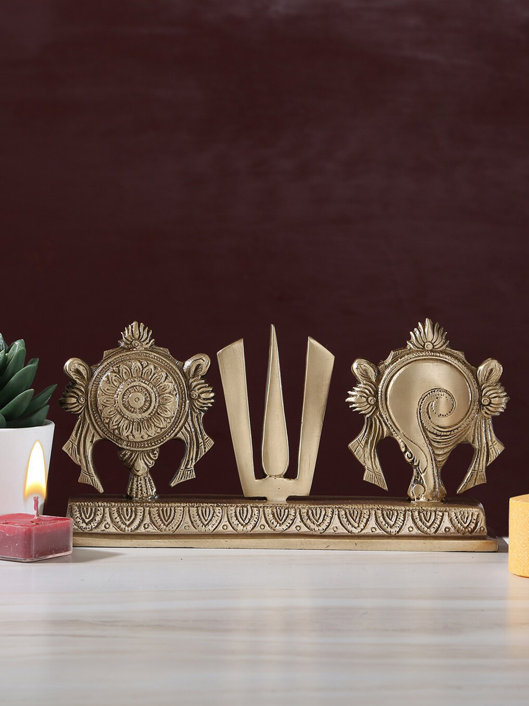 Two Moustaches Shankh Chakra Namah Gold Brass Metallic Prayer Room Small Showpiece - 4.4 Inches