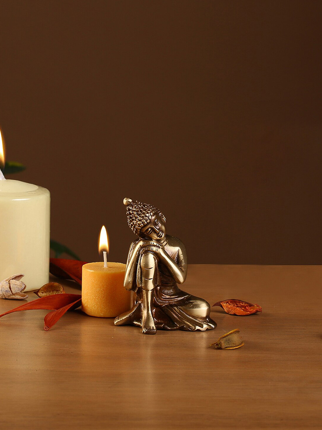 Two Moustaches Buddha Resting Gold Brass Metallic Home Office Small Showpiece - 3.4 Inches