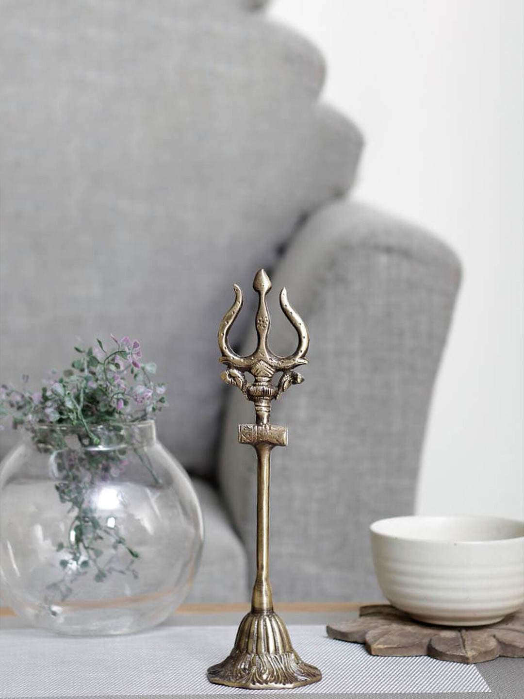 Two Moustaches Shiva'S Trishul with Damru Decorative Gold Brass Metallic Prayer Room Medium Showpiece - 10.8 Inches