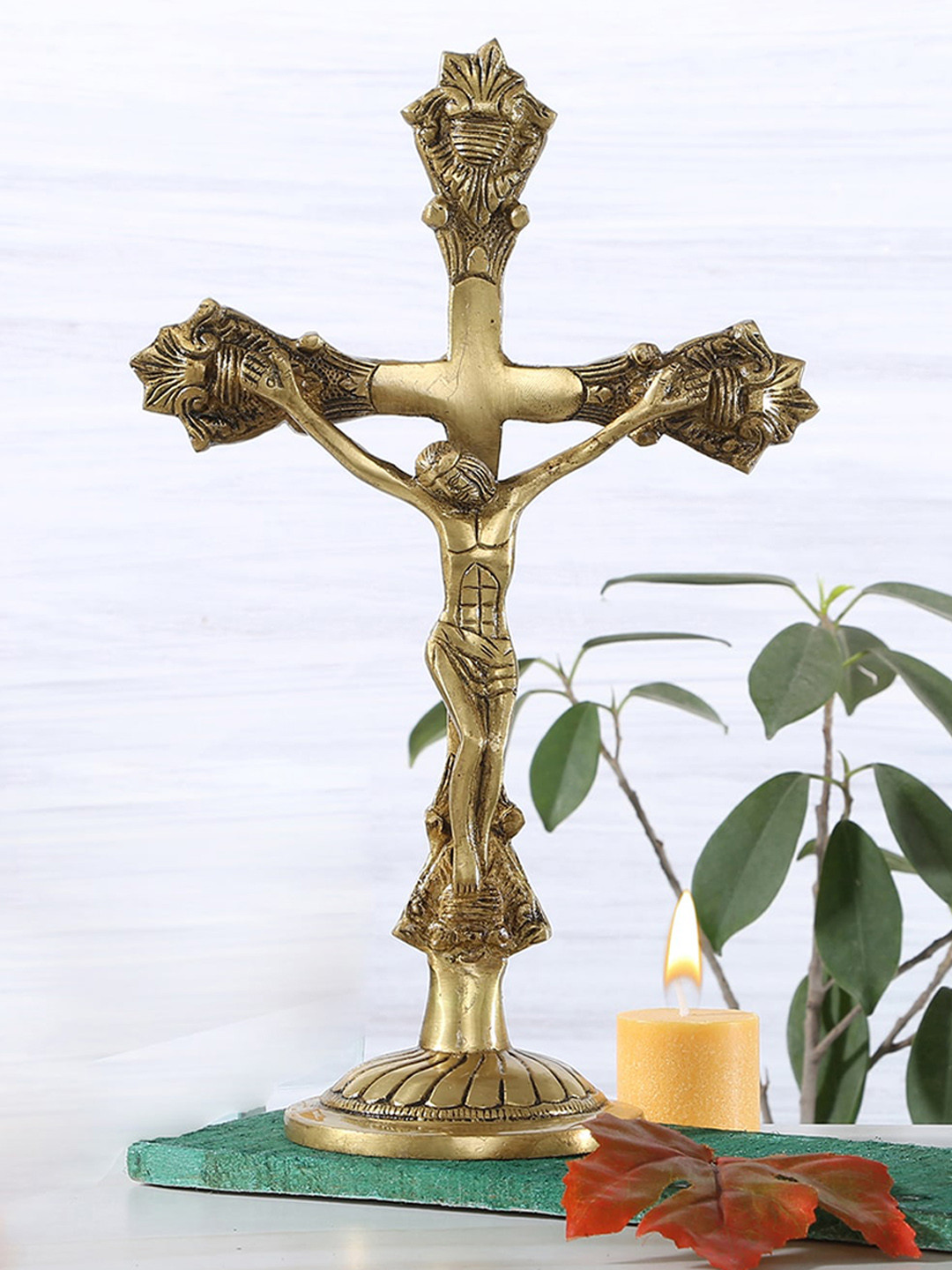 Two Moustaches Lord Jesus on Holy Cross Gold Brass Metallic Prayer Room Medium Showpiece - 10.8 Inches