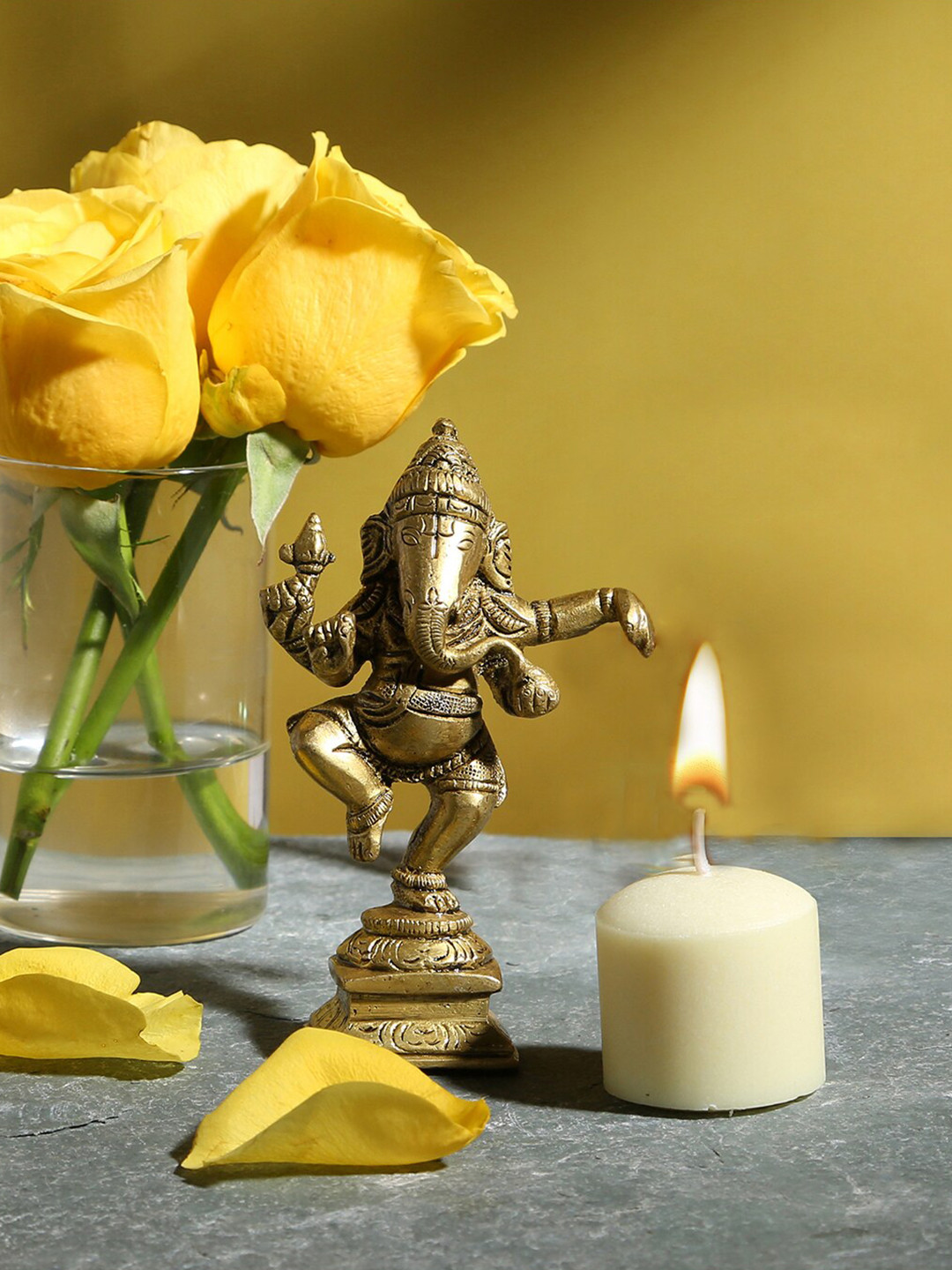 Two Moustaches Dancing Ganesha Gold Brass Metallic Prayer Room Small Showpiece - 4.4 Inches