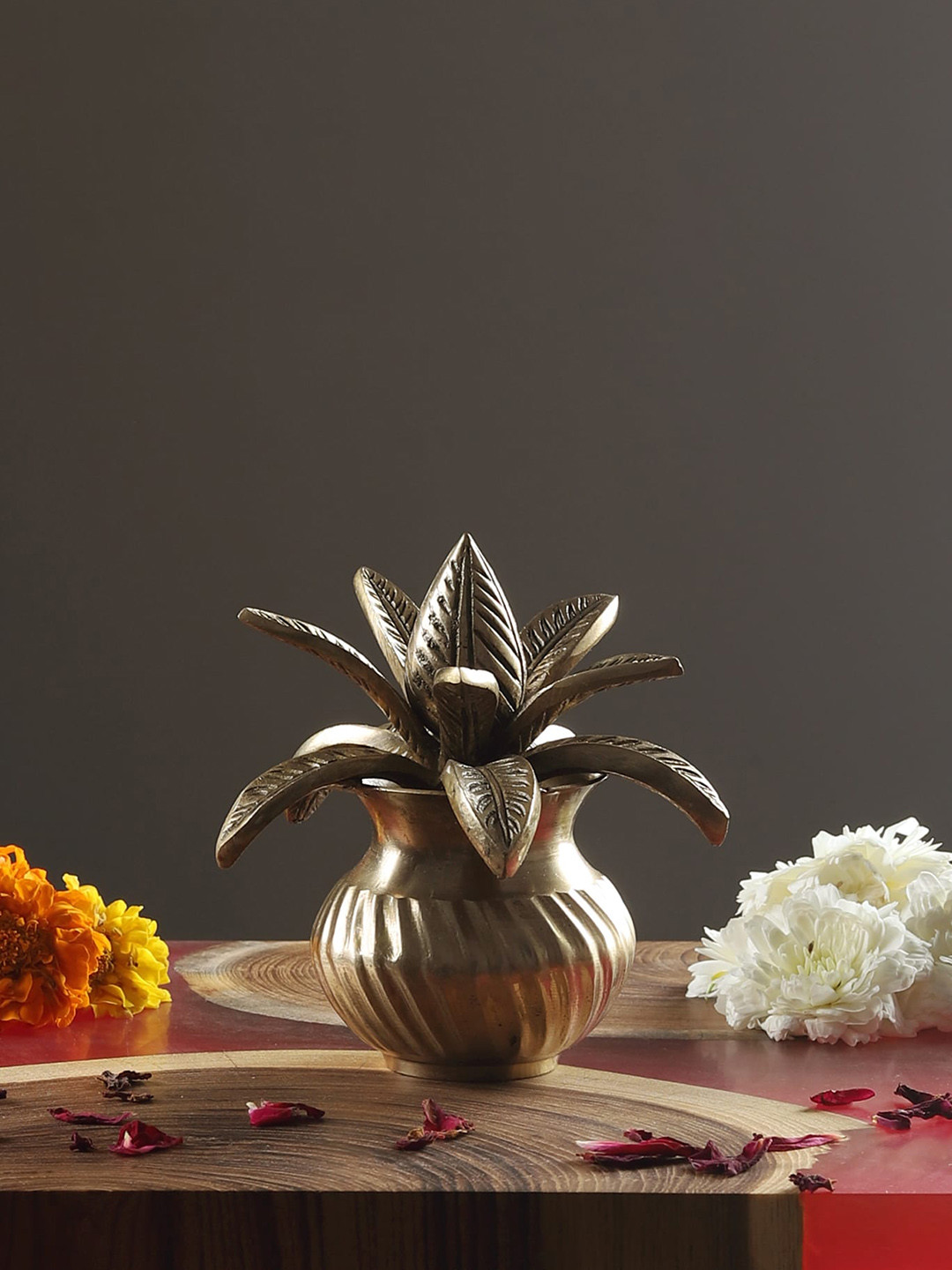 Two Moustaches Mangal Kalash with Coconut Gold Brass Metallic Prayer Room Medium Showpiece - 4.9 Inches