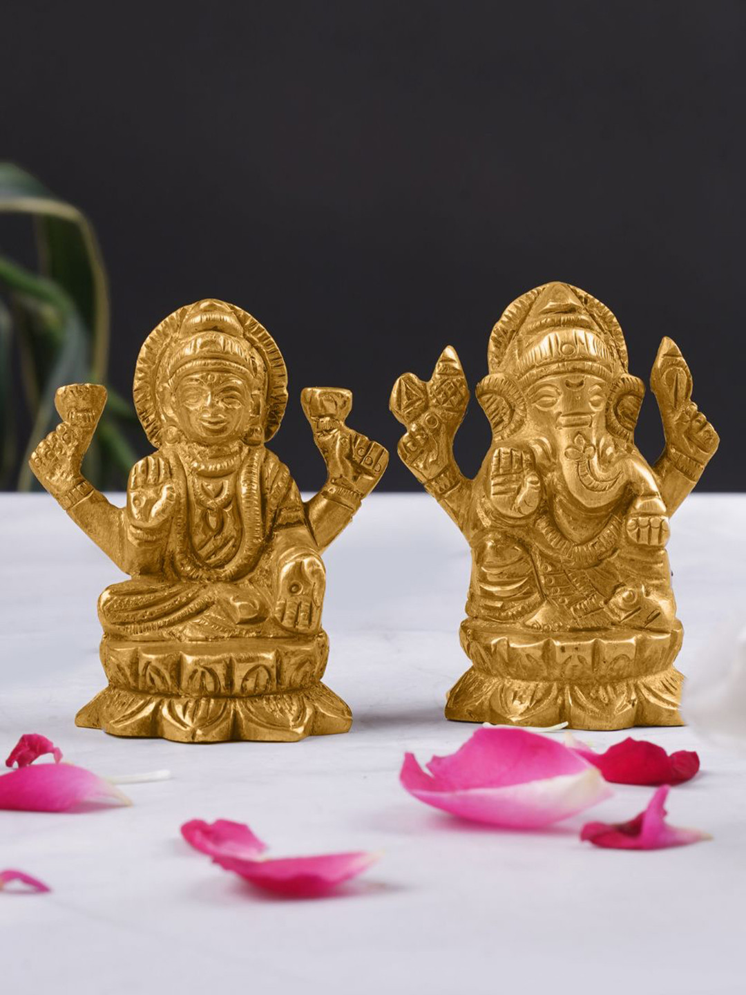 ecofynd Lord Ganesha Goddess Lakshmi Pair Gold Brass Metallic Prayer Room Set of 2 Small Showpieces - 2.4 Inches