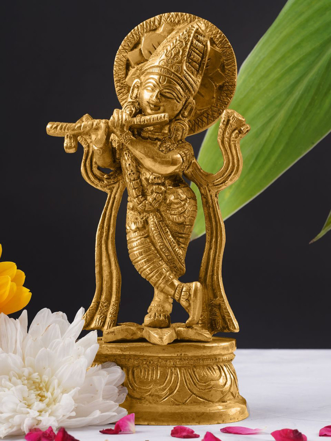 ecofynd Lord Krishna Gold Brass Metallic Prayer Room Small Showpiece - 6.5 Inches