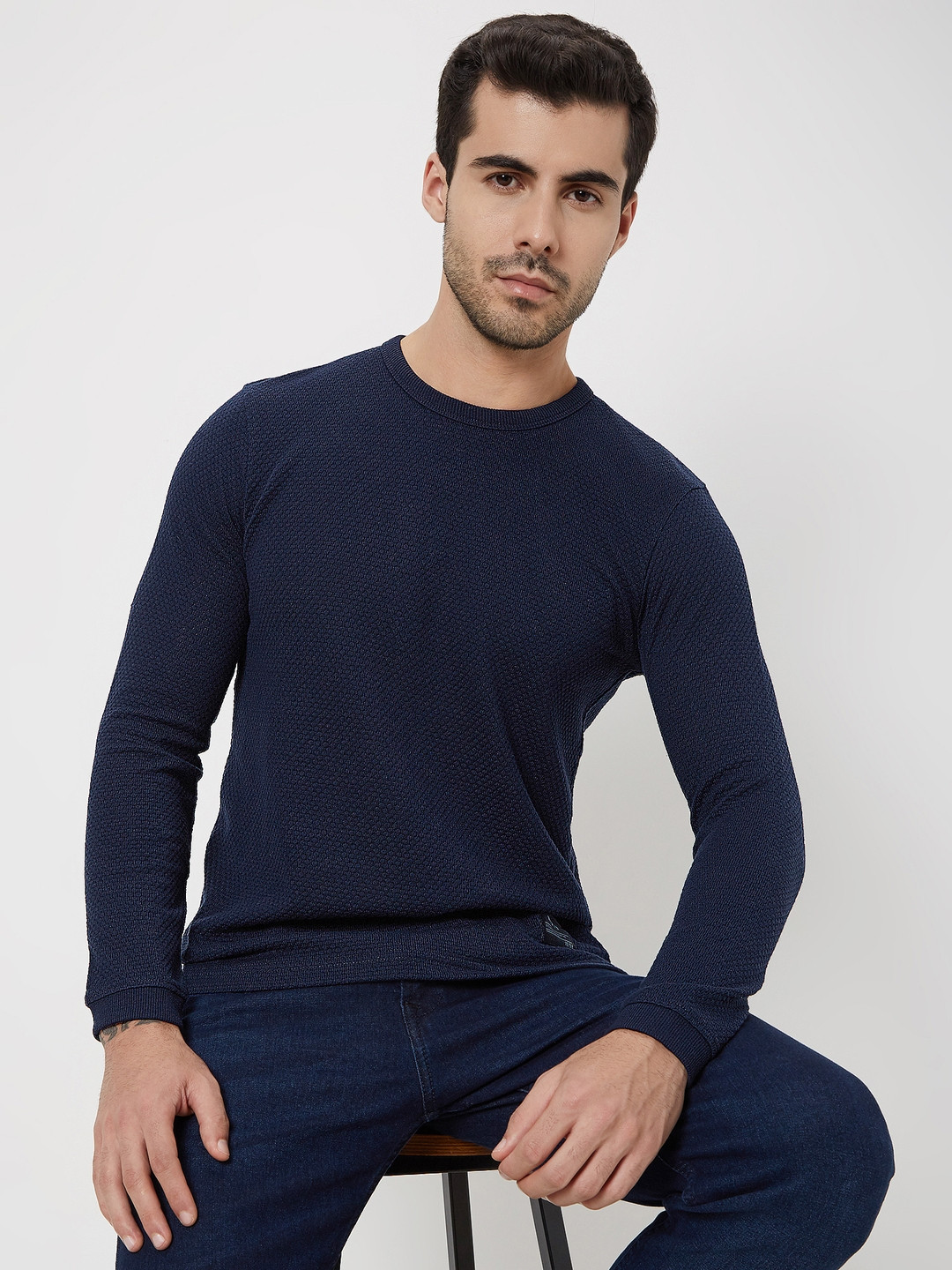 Mufti Self Design Round Neck Long Sleeves Slim Fit T-shirt