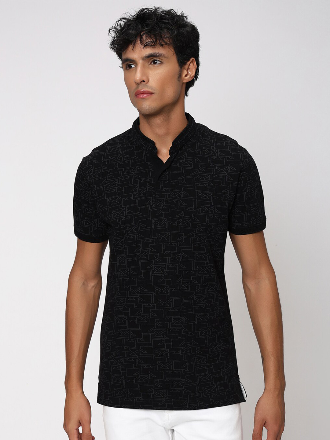 Mufti Geomentric Printed Mandarin Collar Slim Fit Pure Cotton T-shirt