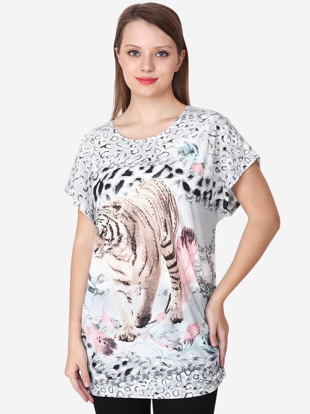 Steele Graphic Printed Extended Sleeve Sequined Regular Longline Top