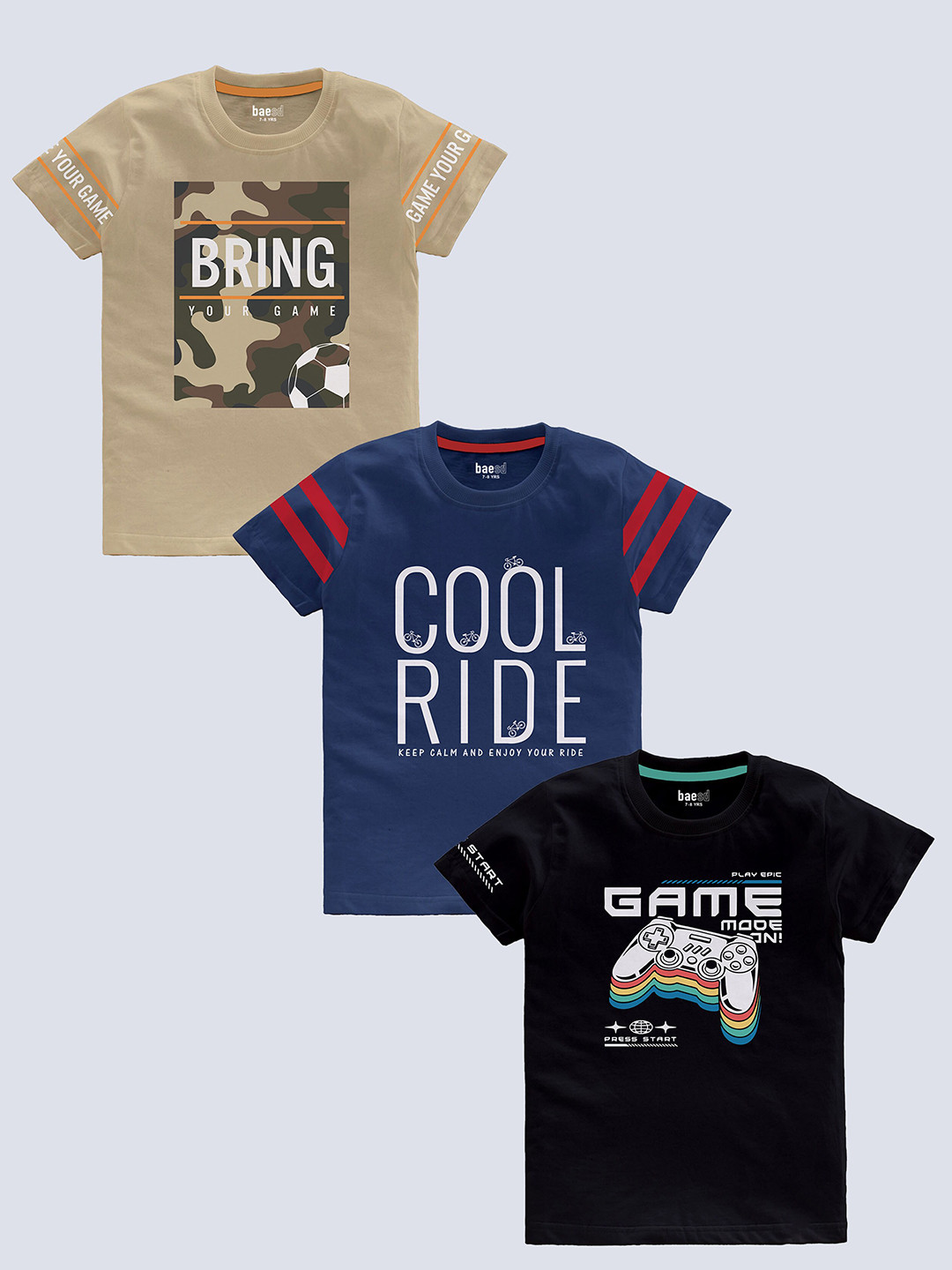 BAESD Kids Pack Of 3 Typography Printed Cotton T-shirt