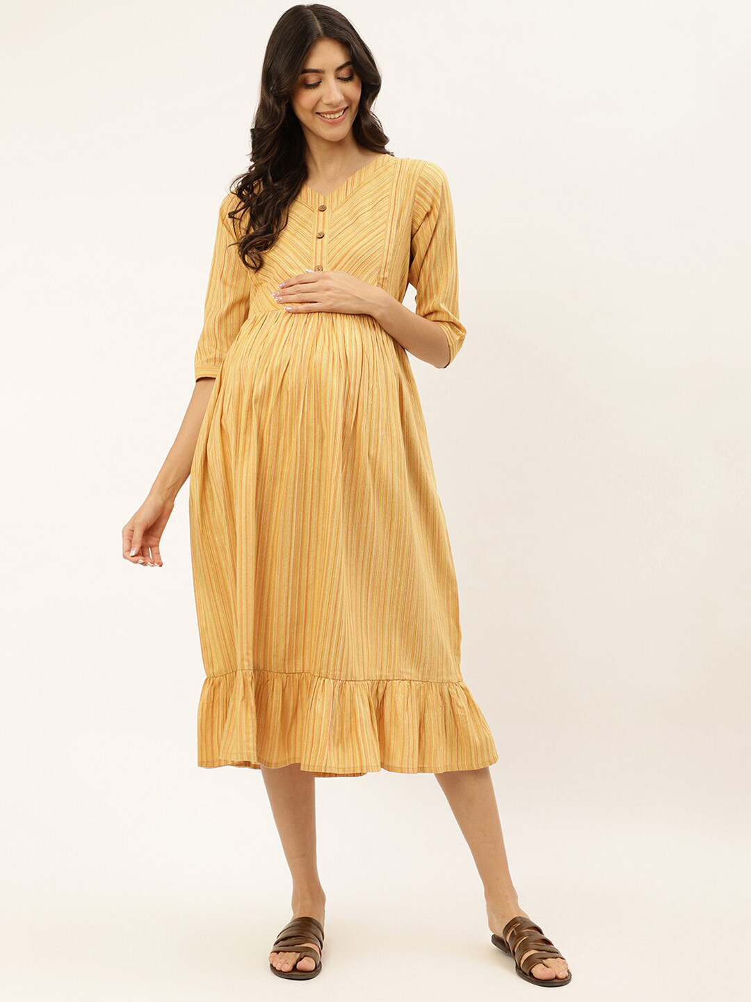 Negen Striped V-Neck Maternity Cotton A-Line Midi Dress