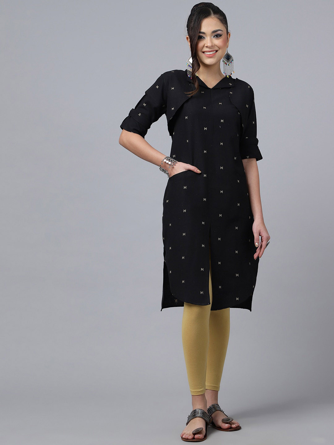 KALINI Geometric woven Design Shirt Collar Cotton Pathani Kurta