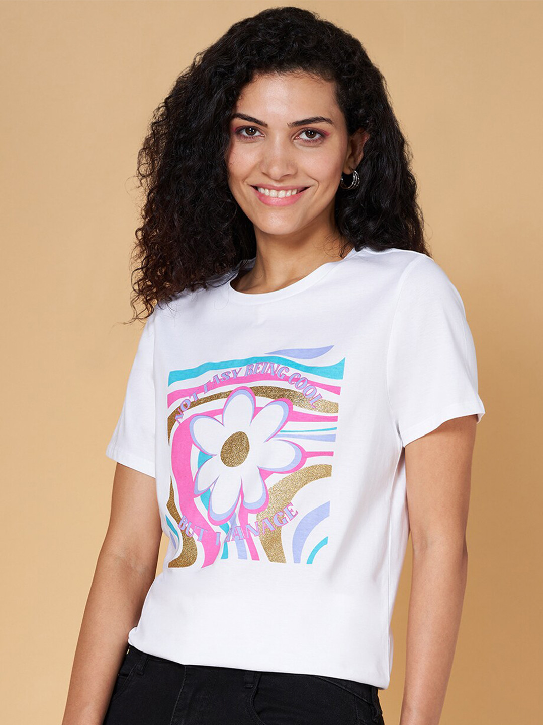 People Floral Printed Round Neck Pure Cotton T-shirt