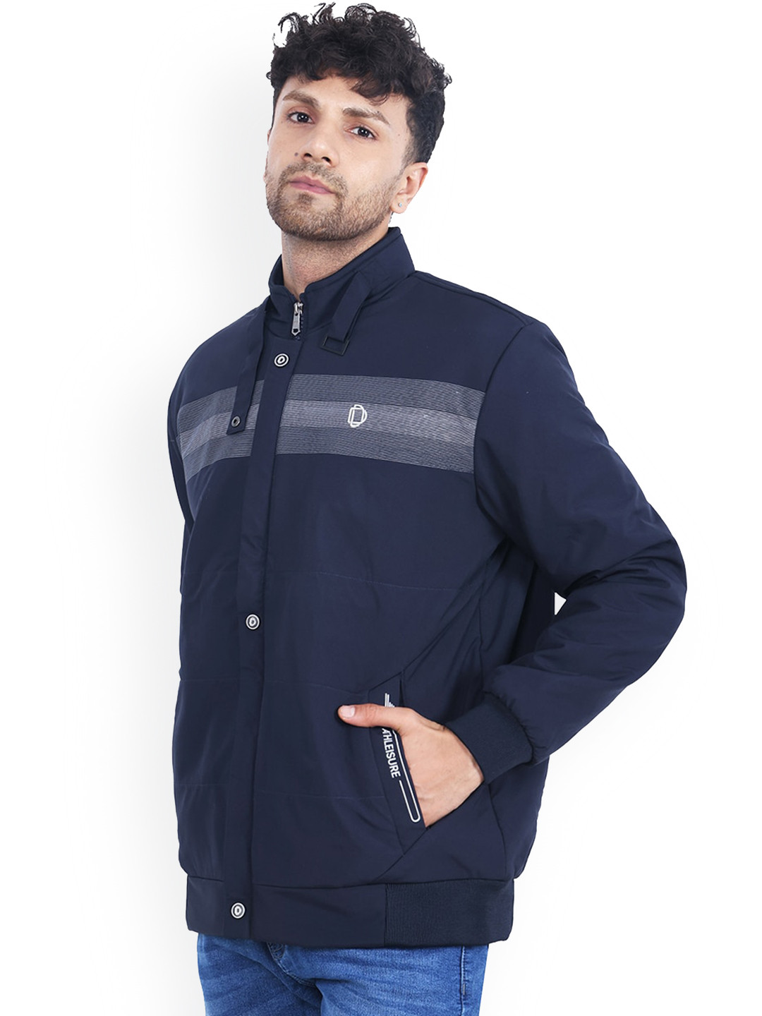 Dollar Socks Striped Mock Collar Long Sleeves Lightweight Bomber Jacket