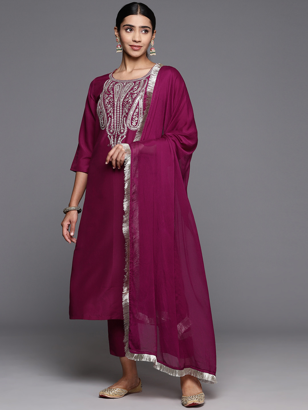 Varanga Paisley Zzari Embroidered Regular Kurta with Trousers & Dupatta