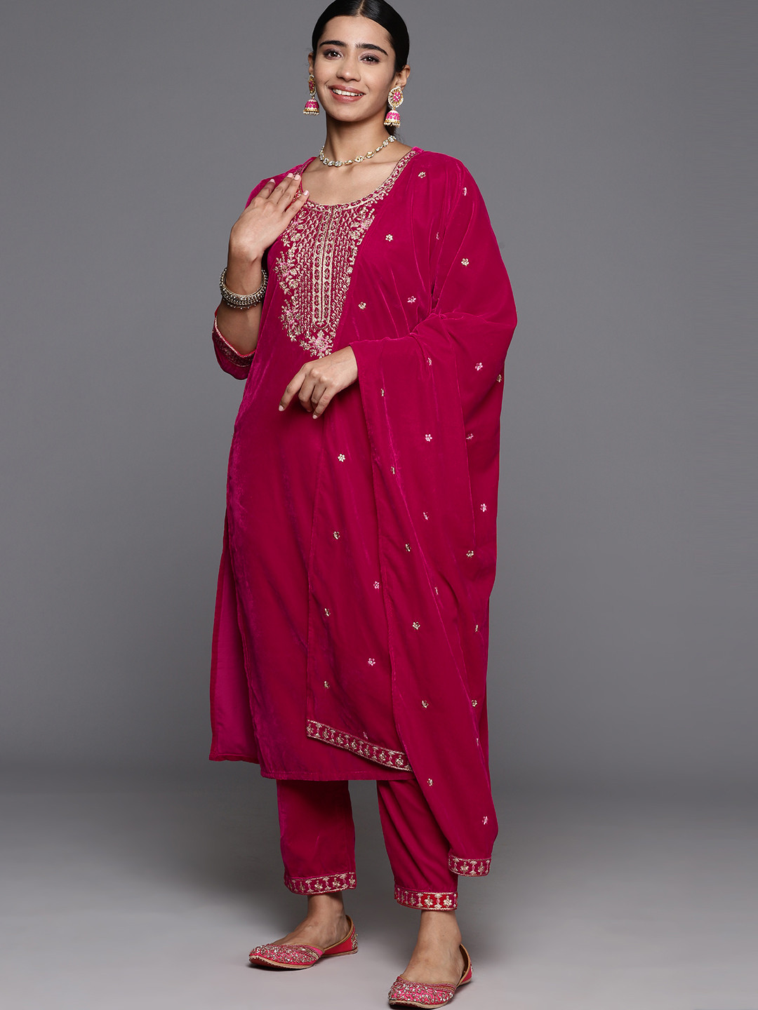 Varanga Floral Zari Embroidered Velvet Kurta with Trouser & Velvet Dupatta