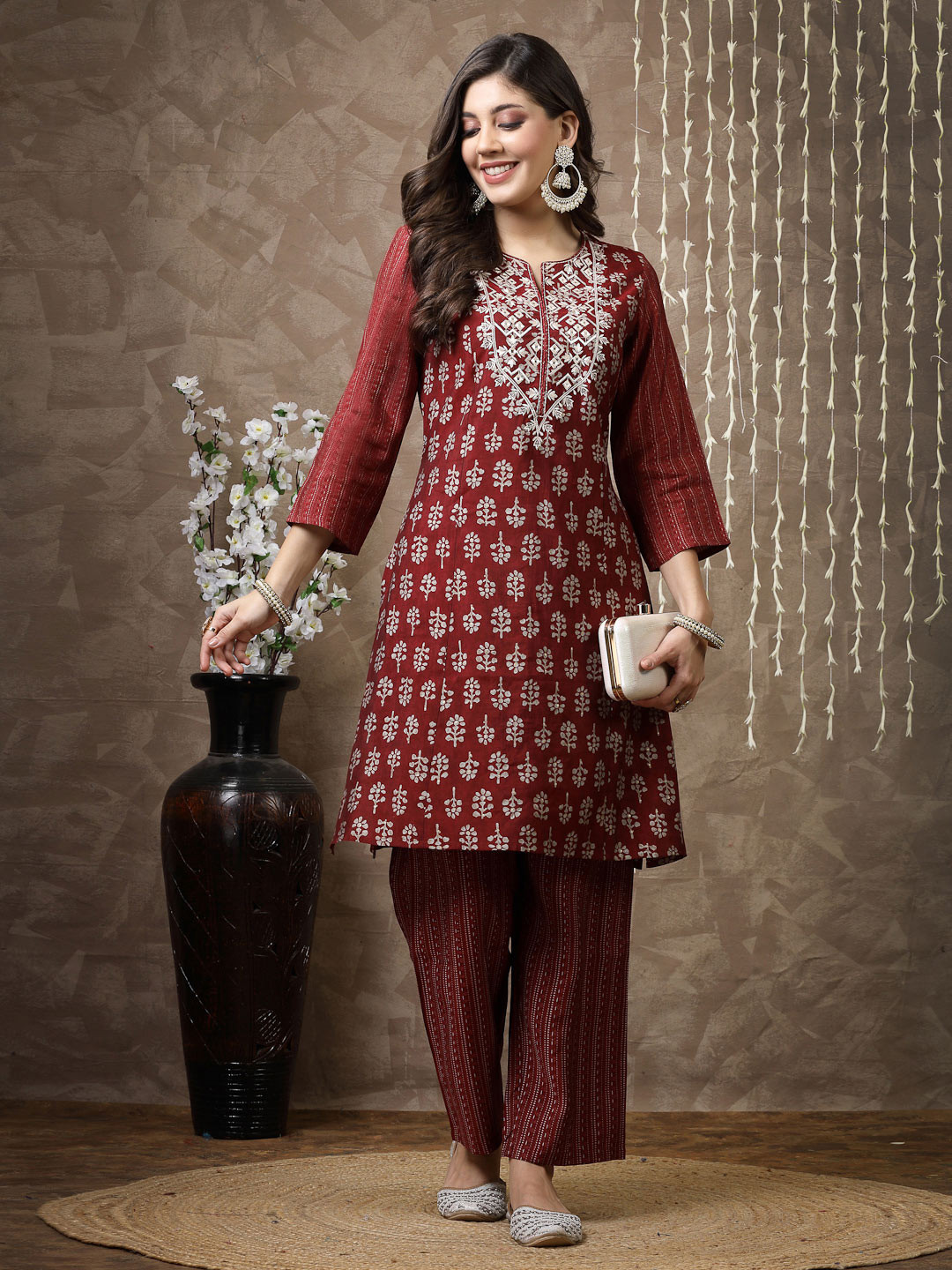 Nayam By Lakshita Women Maroon Floral Yoke Design Regular Chanderi Cotton Kurta with Palazzos
