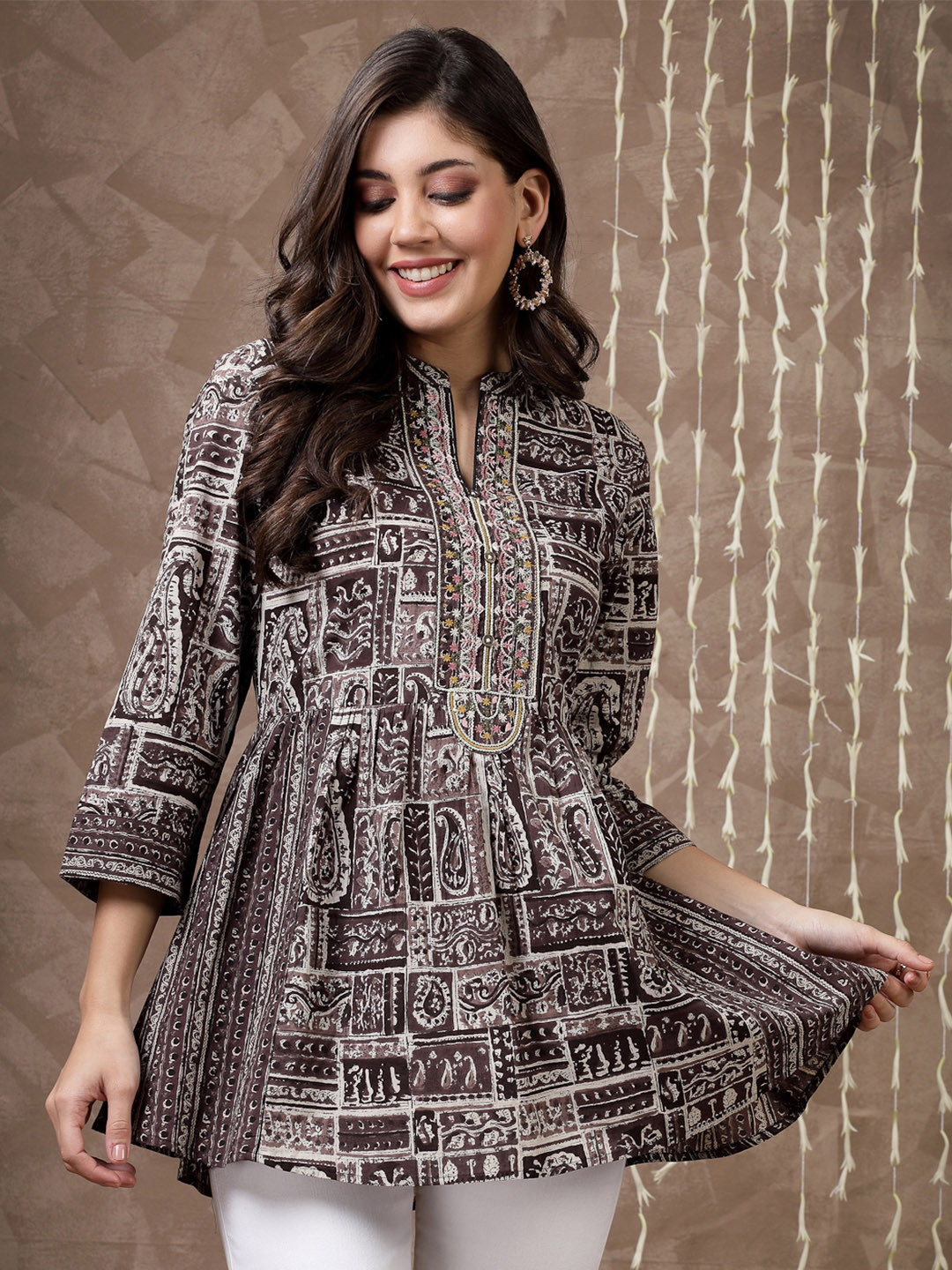 Nayam By Lakshita Brown Ethnic Motifs Printed Thread Work Modal Thread Work Kurti
