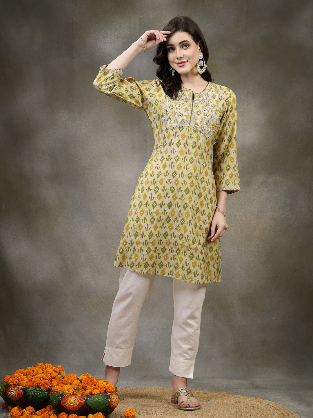 Nayam By Lakshita Green Floral Printed Gotta Patti Gotta Patti Kurti