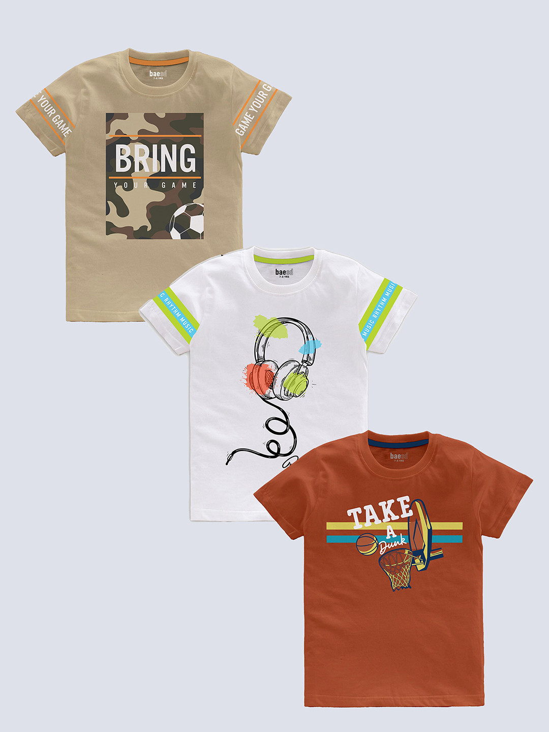 BAESD Boys Pack Of 3 Typography Printed Pure Cotton T-shirt