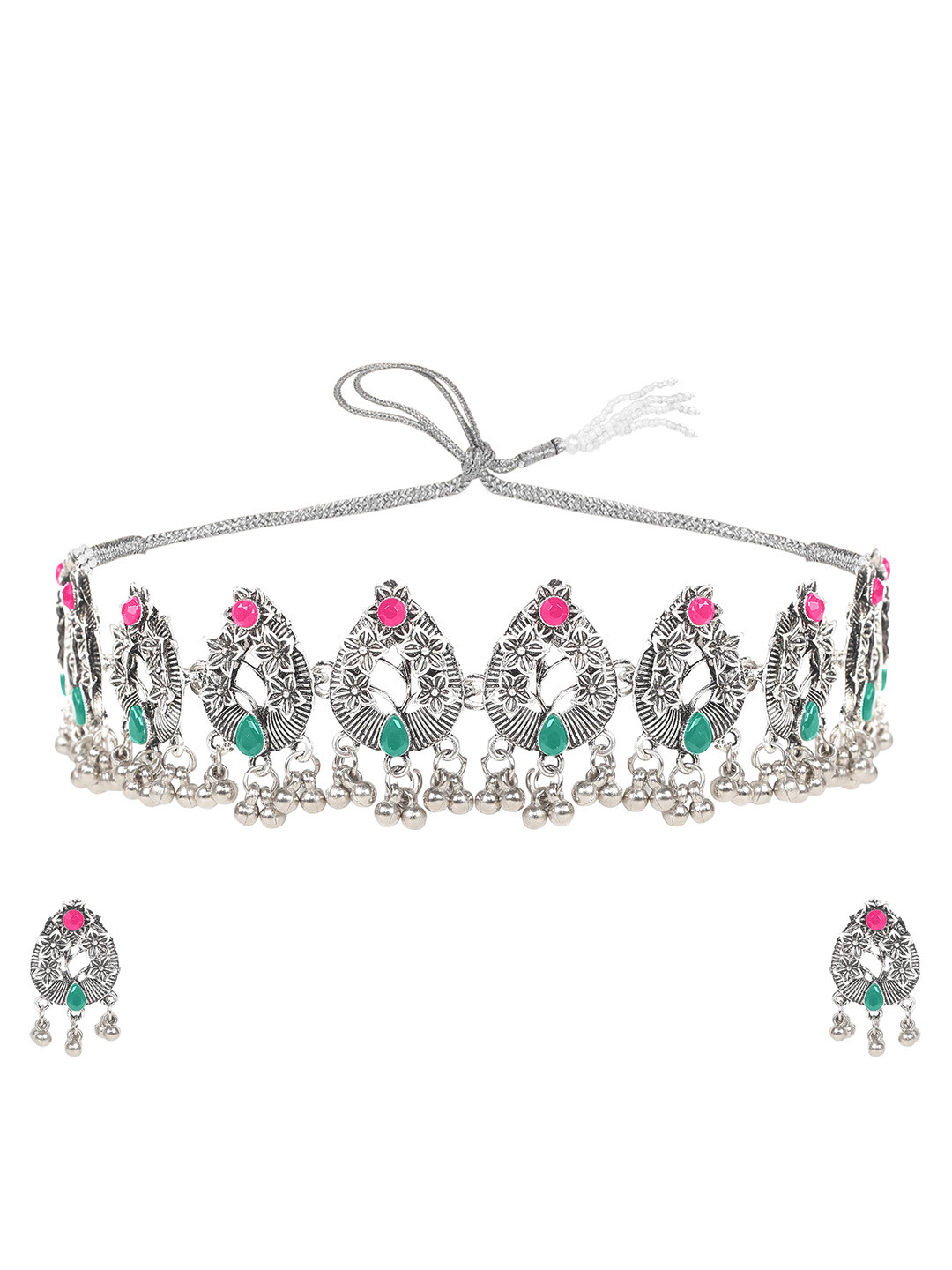 Kord Store Silver-Plated Ruby-Studded Oxidised Jewellery Set