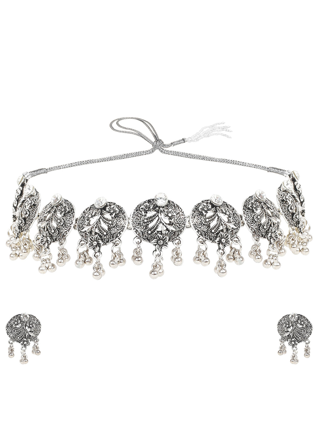 Kord Store Silver-Plated AD-Studded Oxidised Jewellery Set