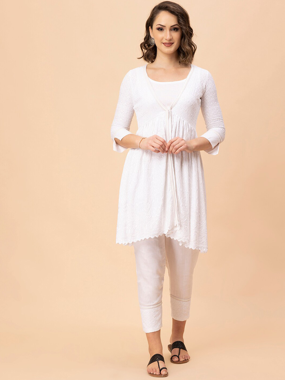 MILU MADAN Self-Design V-Neck Pure Cotton Top With Trousers & Waistcoat