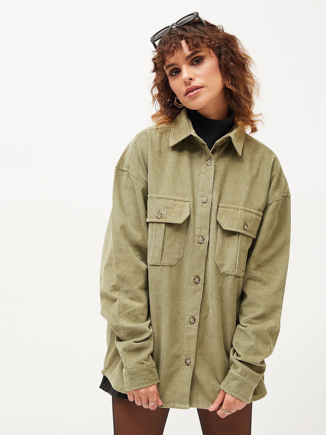 SASSAFRAS Oversized Self Designed Spread Collar Corduroy Casual Shirt - Shirts for Women 25003304 | Myntra