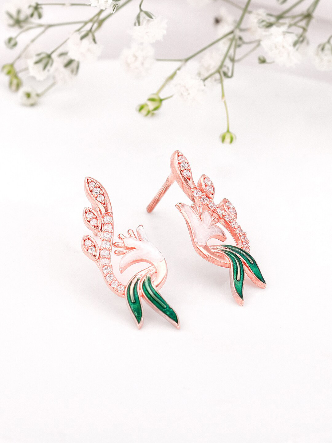 GIVA Rose Gold-Plated 925 Sterling Silver Stone-Studded Leaf Shaped Stud Earrings