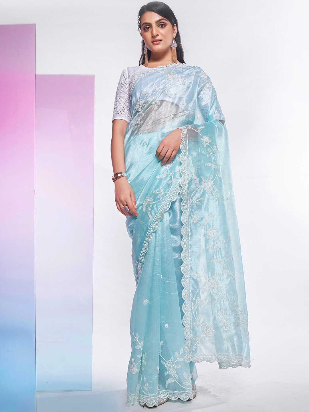 Mitera Blue & White Floral Embroidered Sequined Organza Saree