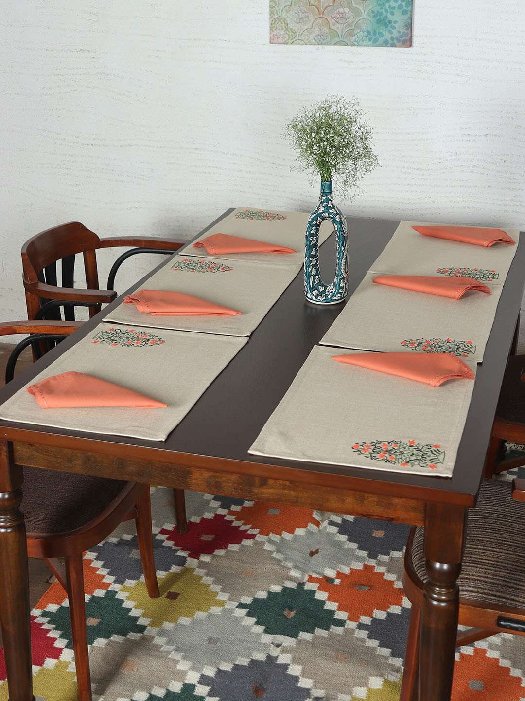 ZEBA Beige & Peach Coloured 6 Pieces Embroidered Table Placemats & Napkins
