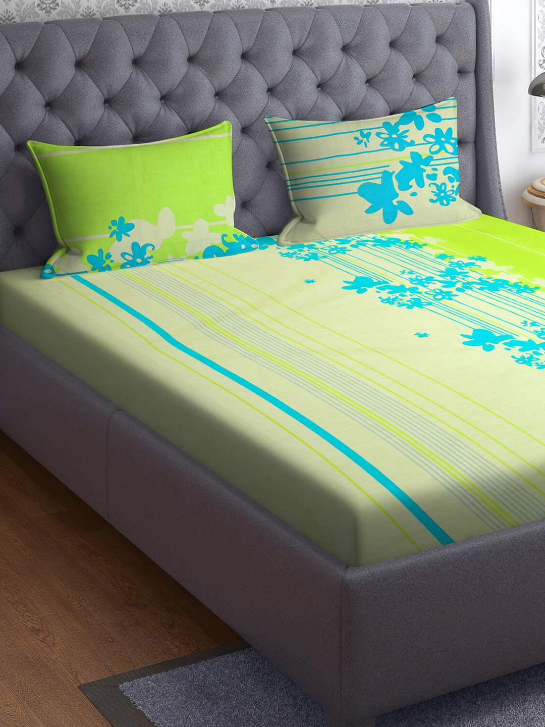 RRC Green Floral Polycotton 210 TC King Fine Bedsheet with 2 Pillow Covers-108 x 108 inches