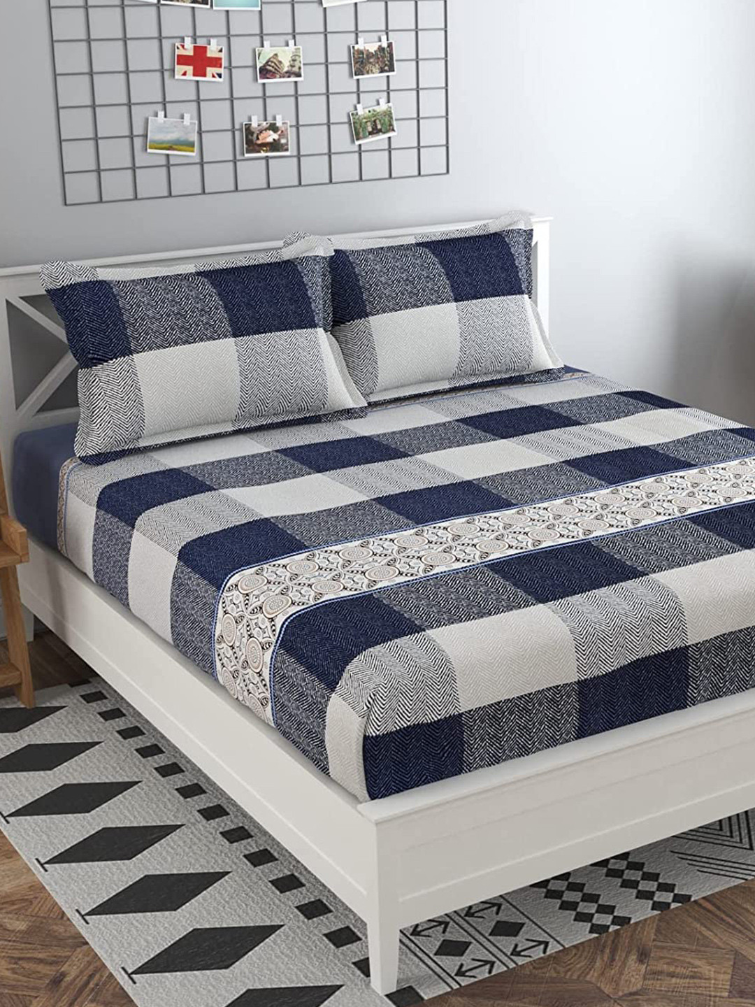 RRC Blue Abstract Polycotton 210 TC King Fine Bedsheet with 2 Pillow Covers-108 x 108 inches