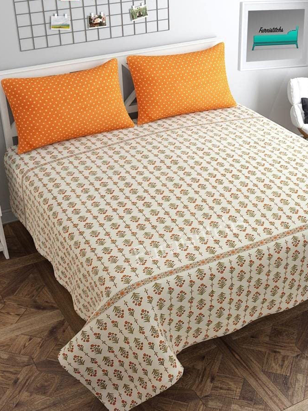 RRC Orange Ethnic Motifs Polycotton Dotted 210 TC King Fine Bedsheet with 2 Pillow Covers-108 x 108 inches