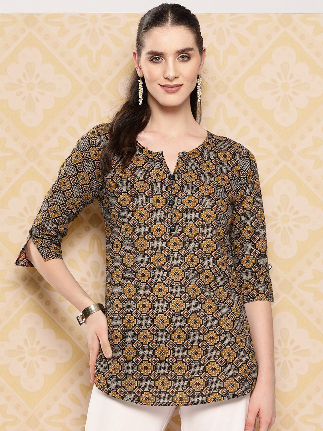 Yufta Brown & Black Geometric Printed Pure Cotton A-Line Top
