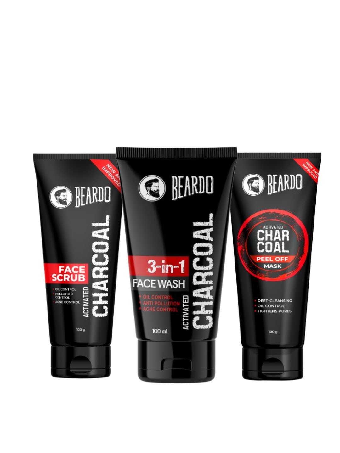 BEARDO Set of Charcoal Face Wash 100 ml + Face Scrub 100 g + Peel Off Mask 100 g