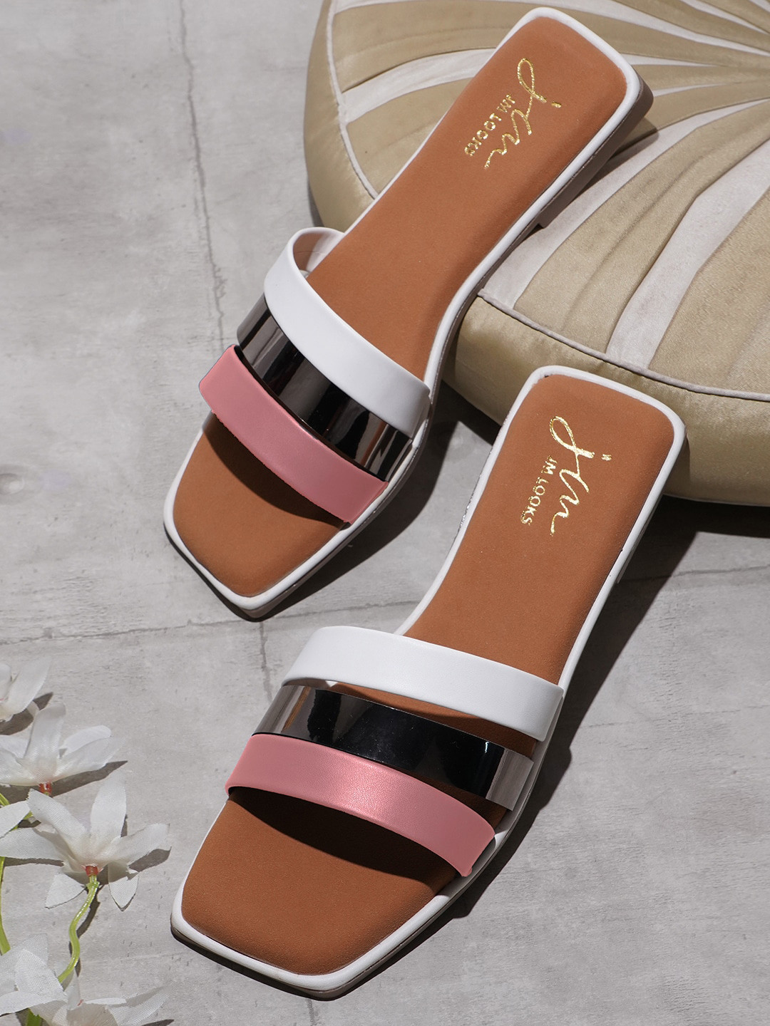 JM Looks White Colourblocked Open Toe Printed Slippers