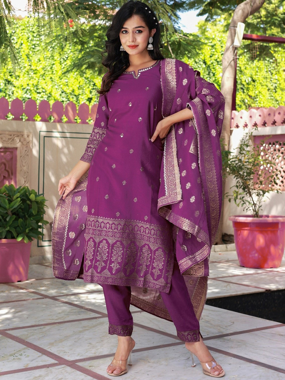 Sangria Purple Ethnic Motifs Embroidered Mirror Work Straight Kurta & Trouser With Dupatta