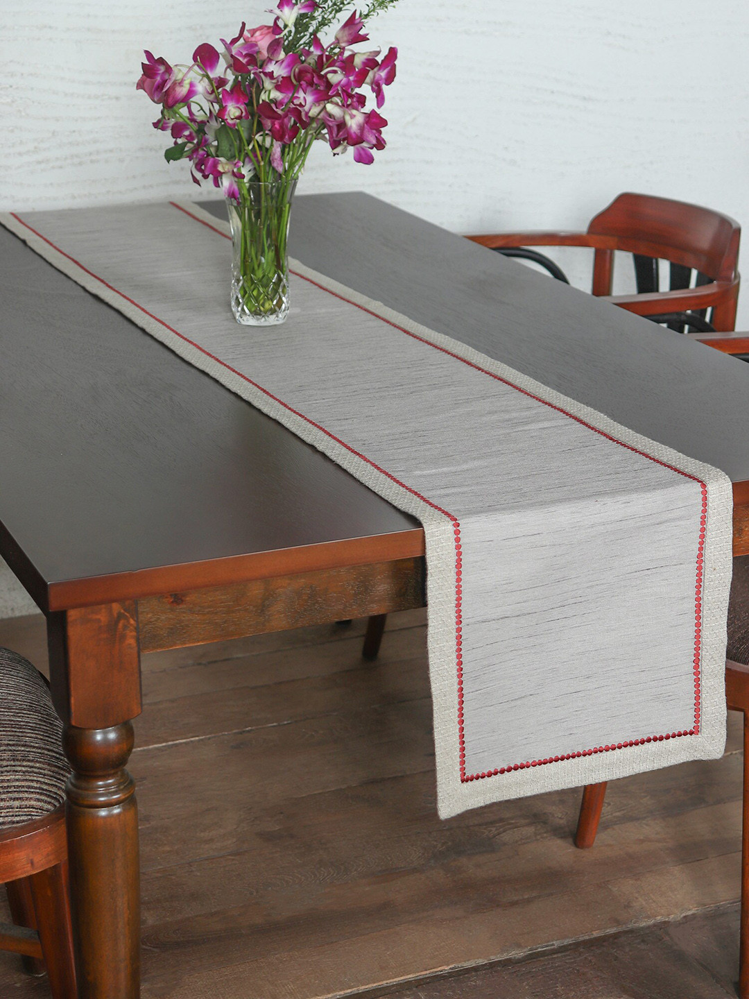 ZEBA Grey & Red Embroidered Table Runner