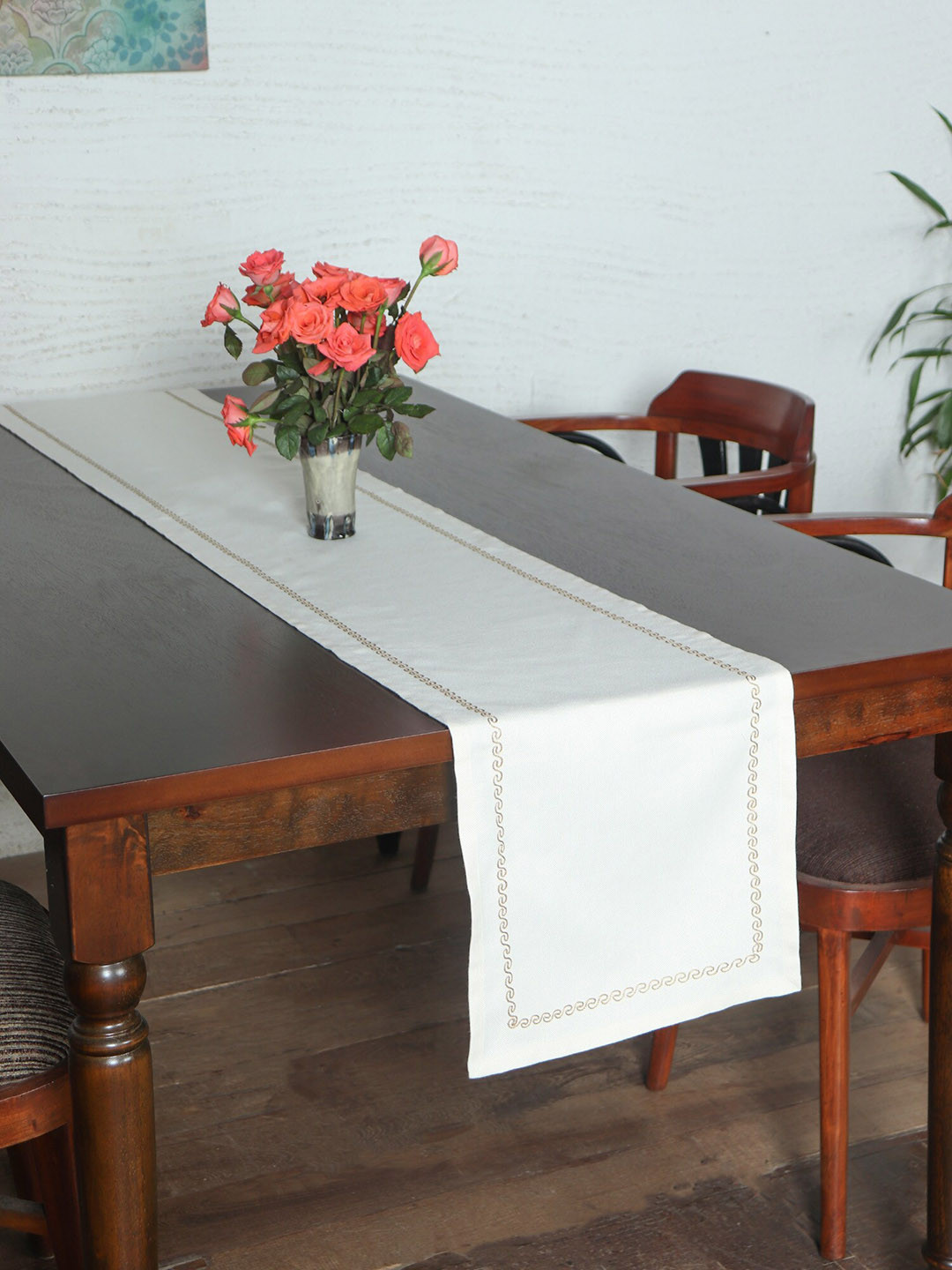 ZEBA Teal Beige Geometric Embroidered Table Runner