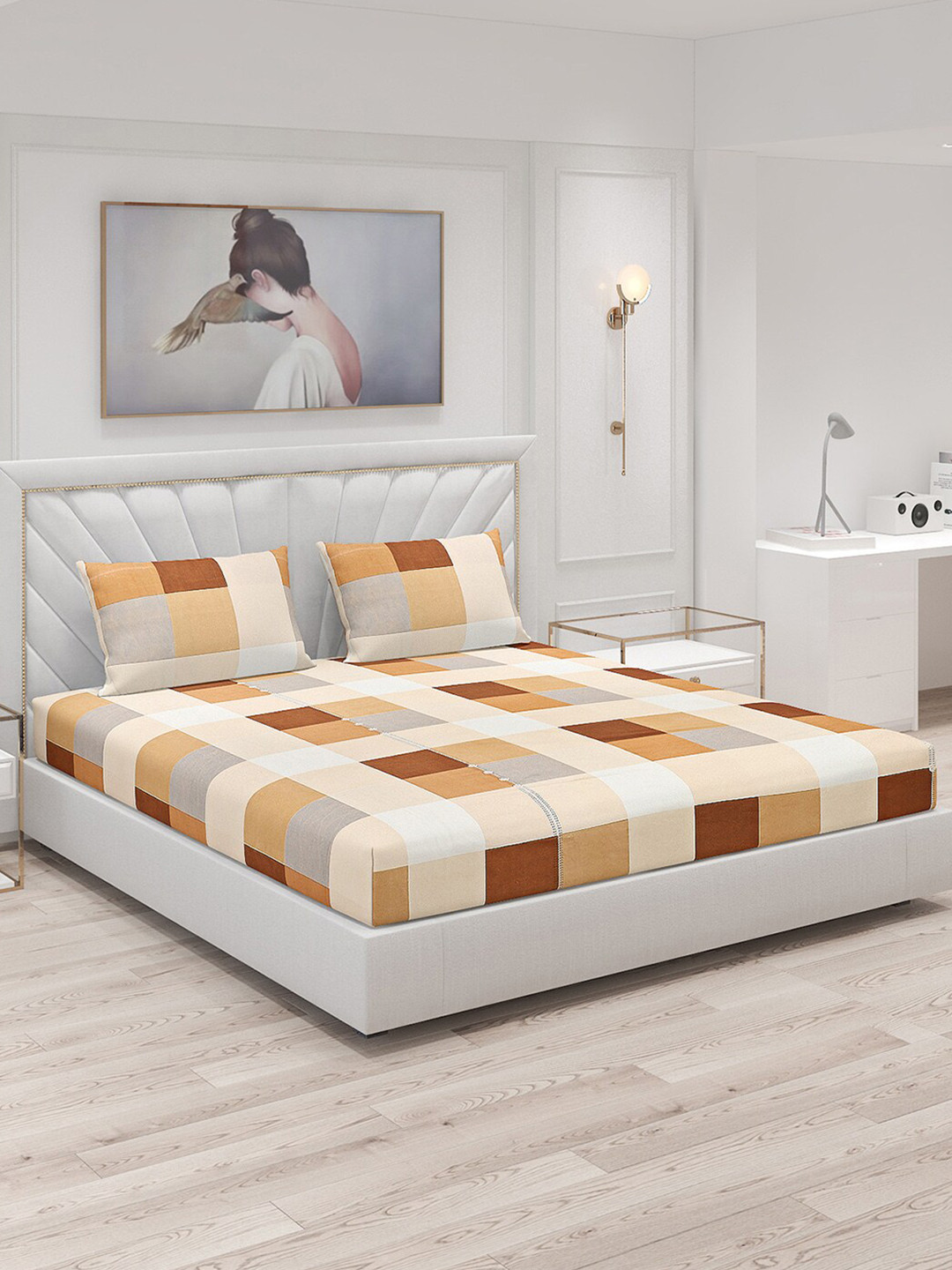 Monte Carlo Inspire Beige & Brown Geometric 130 TC King Bedsheet with 2 Pillow Covers