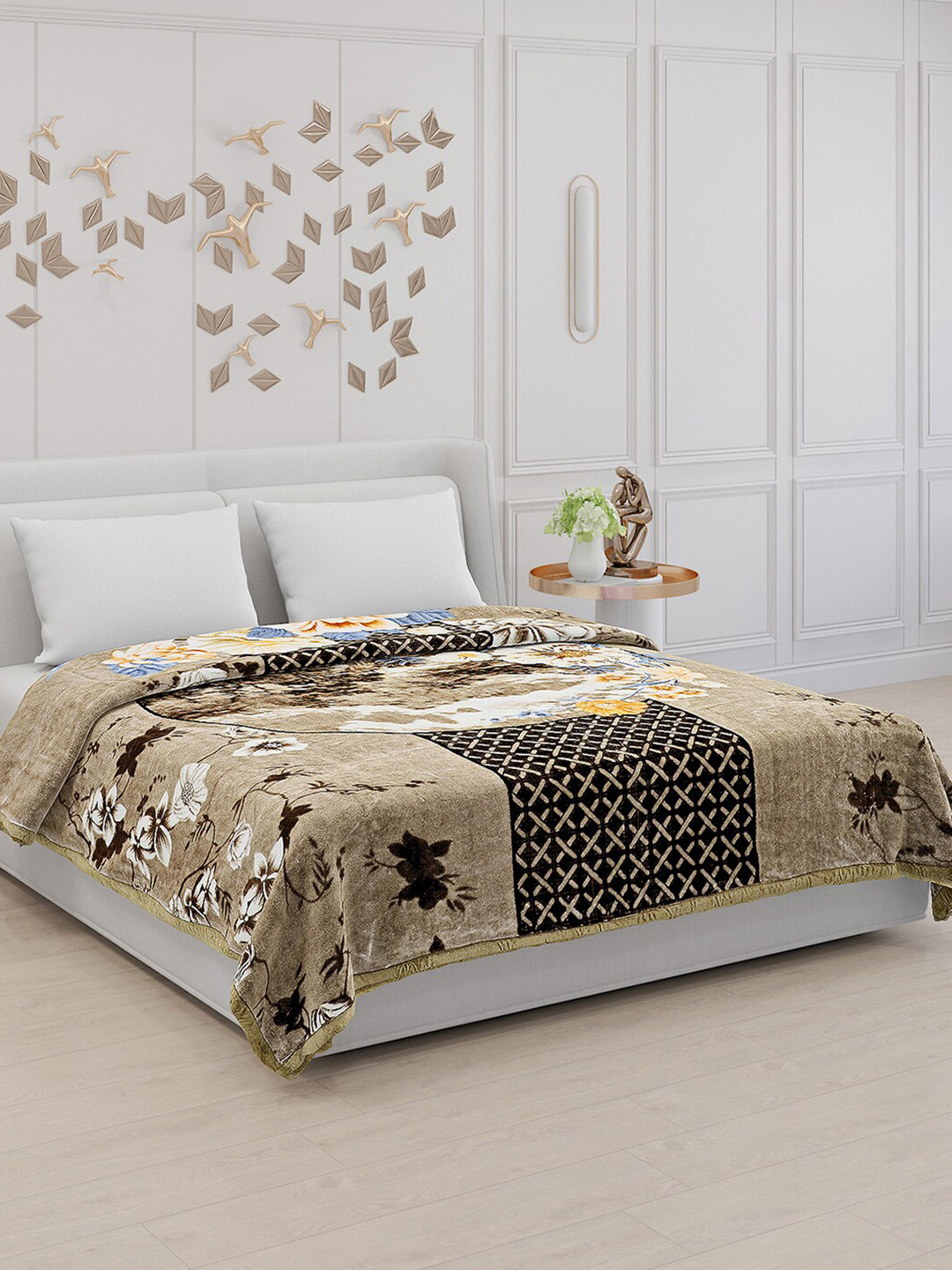 Monte Carlo Olive Green & Orange Floral Mild Winter Double Bed Blanket