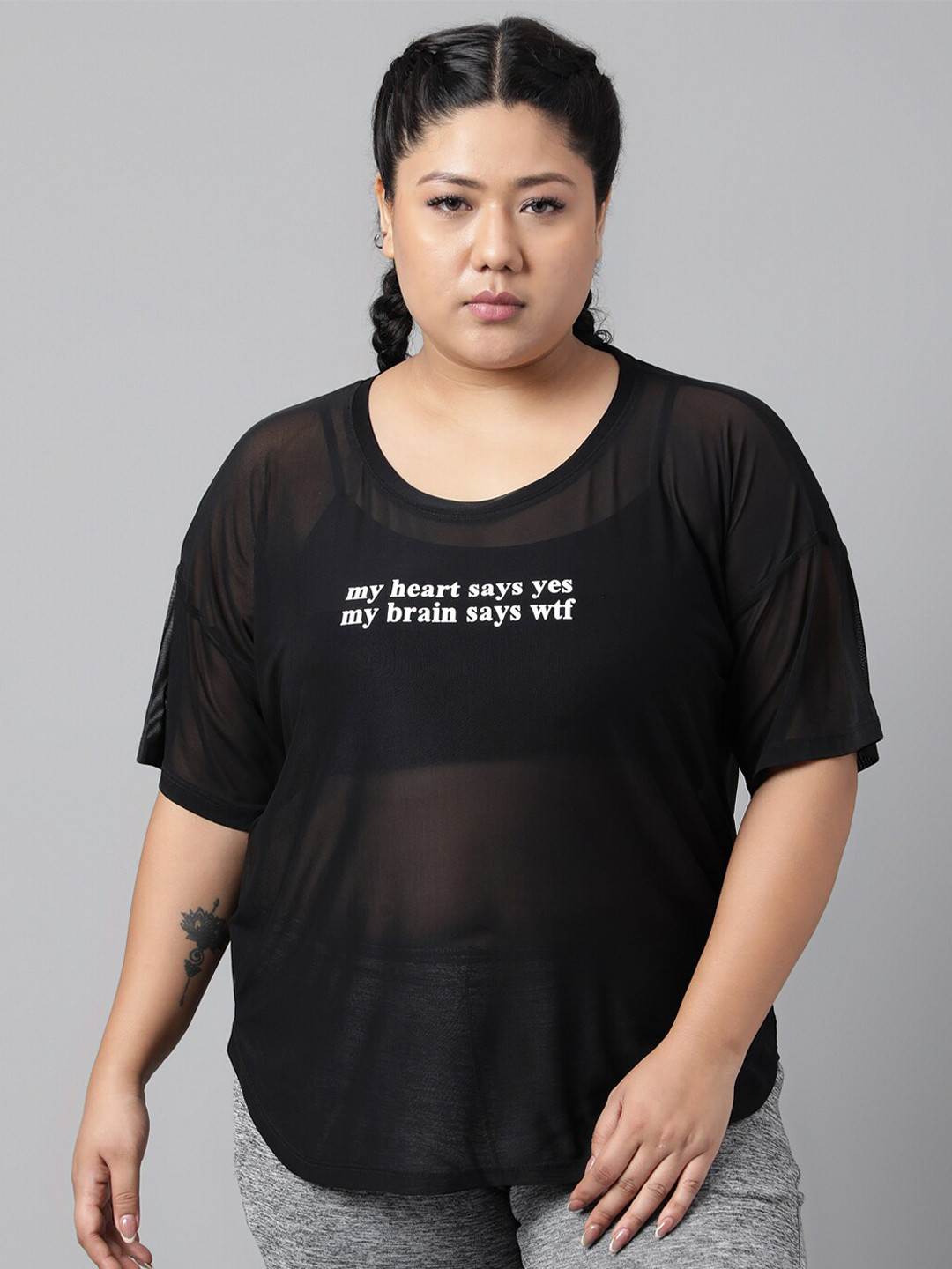 MKH Plus Size Relaxed Fit Typography Printed Dri-FIT Technology Semi Sheer Sports T-shirt