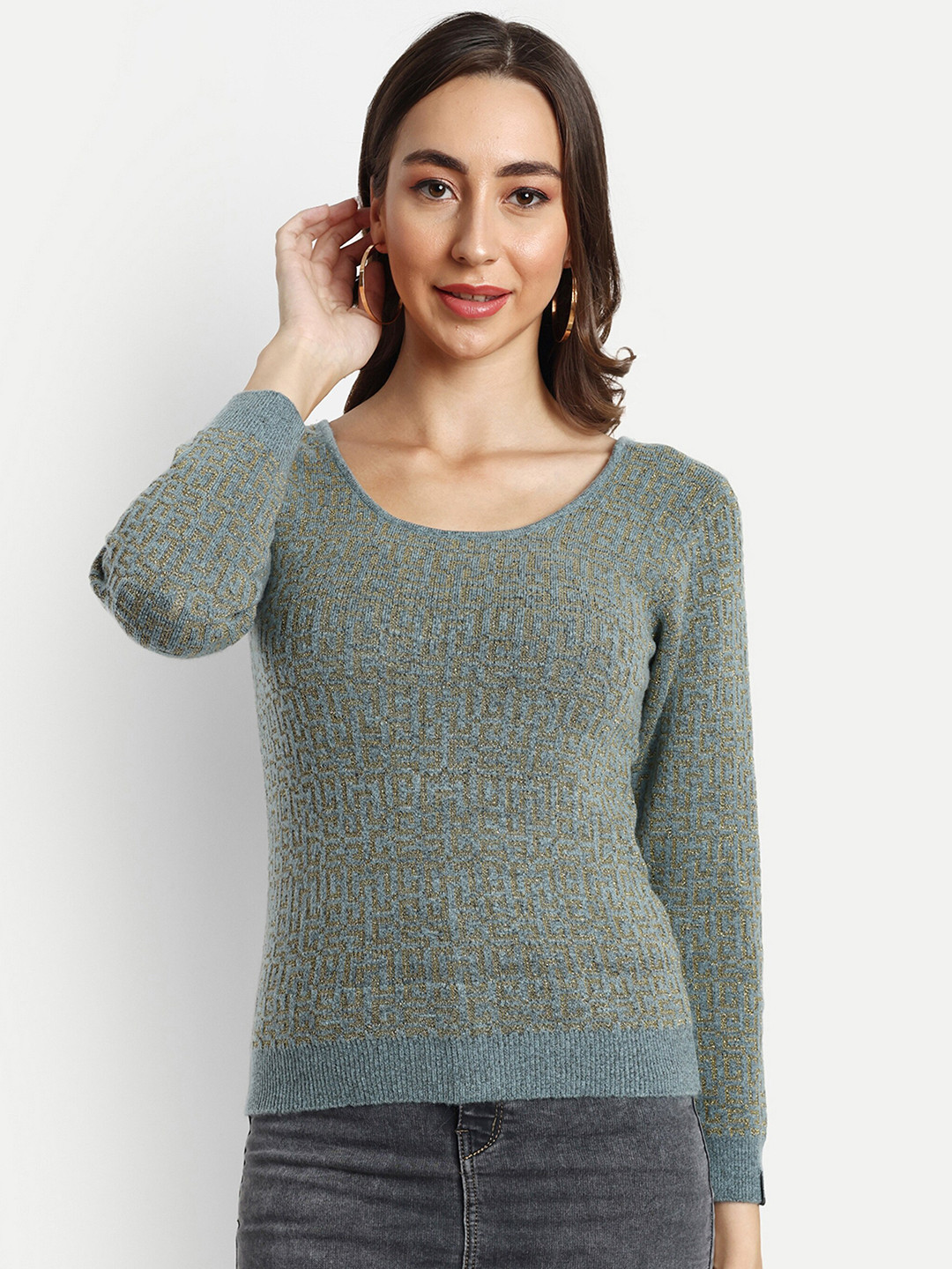 CREATIVE LINE Self Design Round Neck Long Sleeves Woolen Pullover Sweatshirts