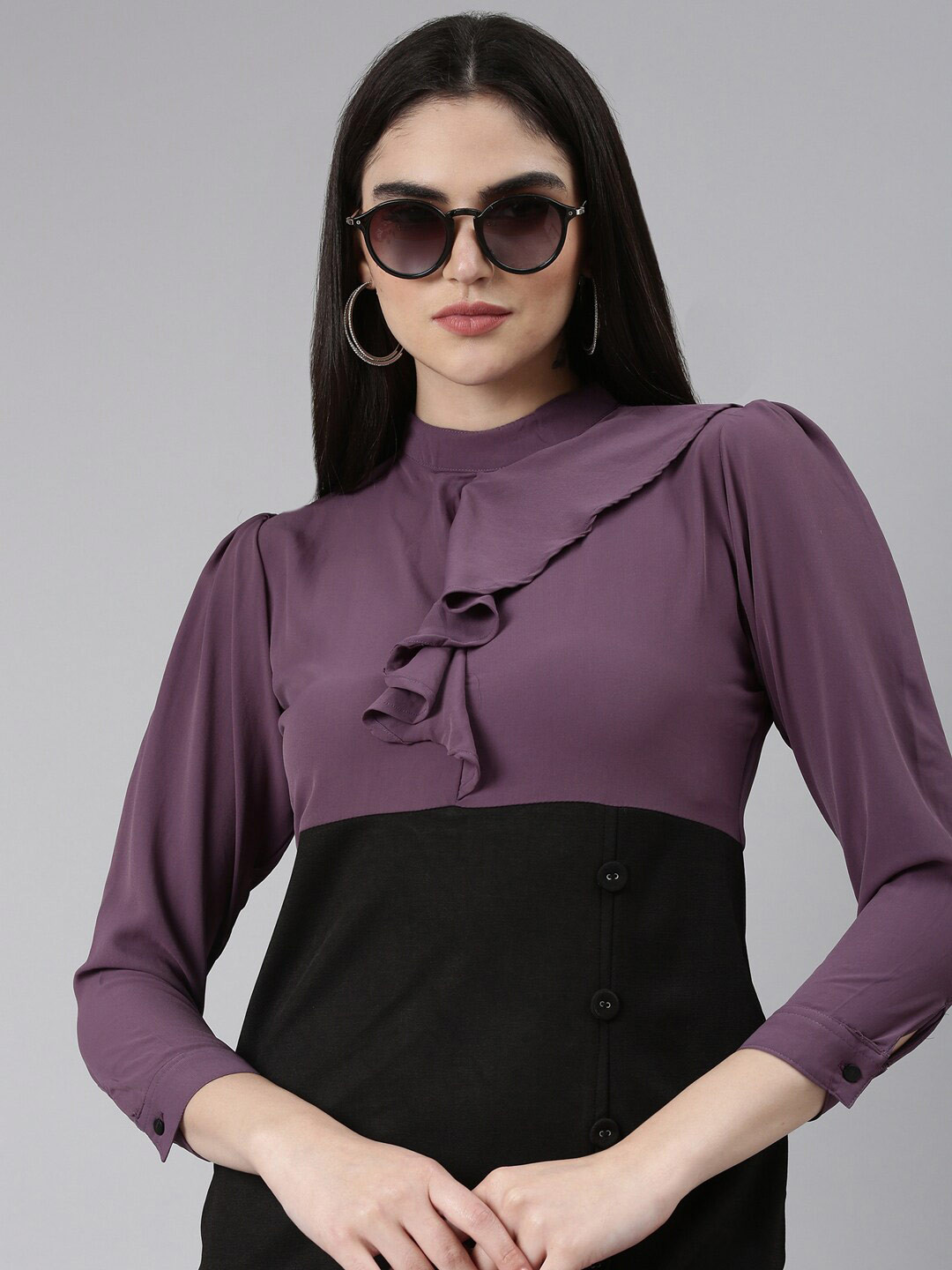 SHOWOFF Purple Ruffled Crepe A-Line Dress