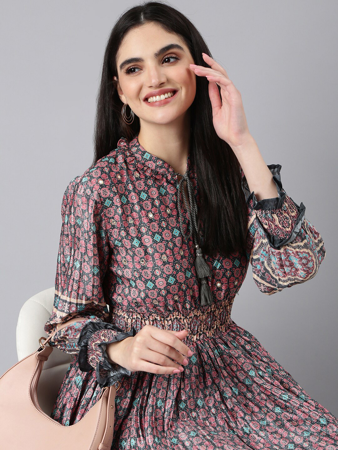 SHOWOFF Ethnic Motifs Printed Cuff Sleeve Tie-Up Neck Smocked Fit and Flare Midi Dress