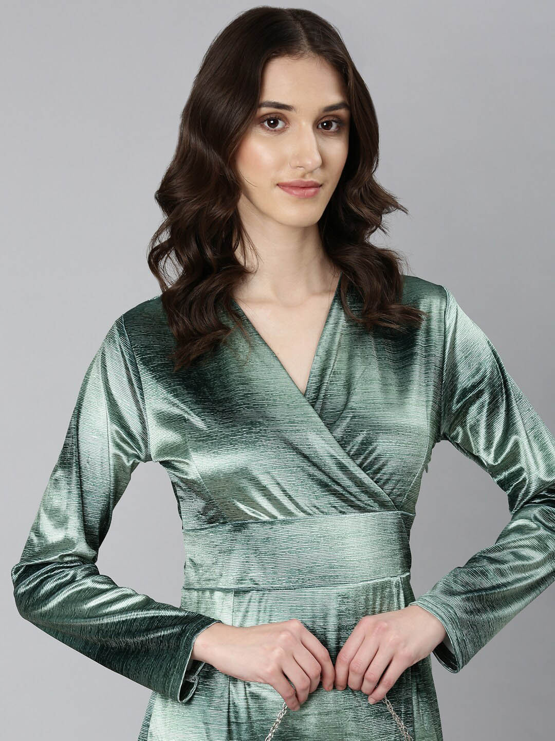 SHOWOFF V-Neck Long Sleeves Velvet Wrap Dress