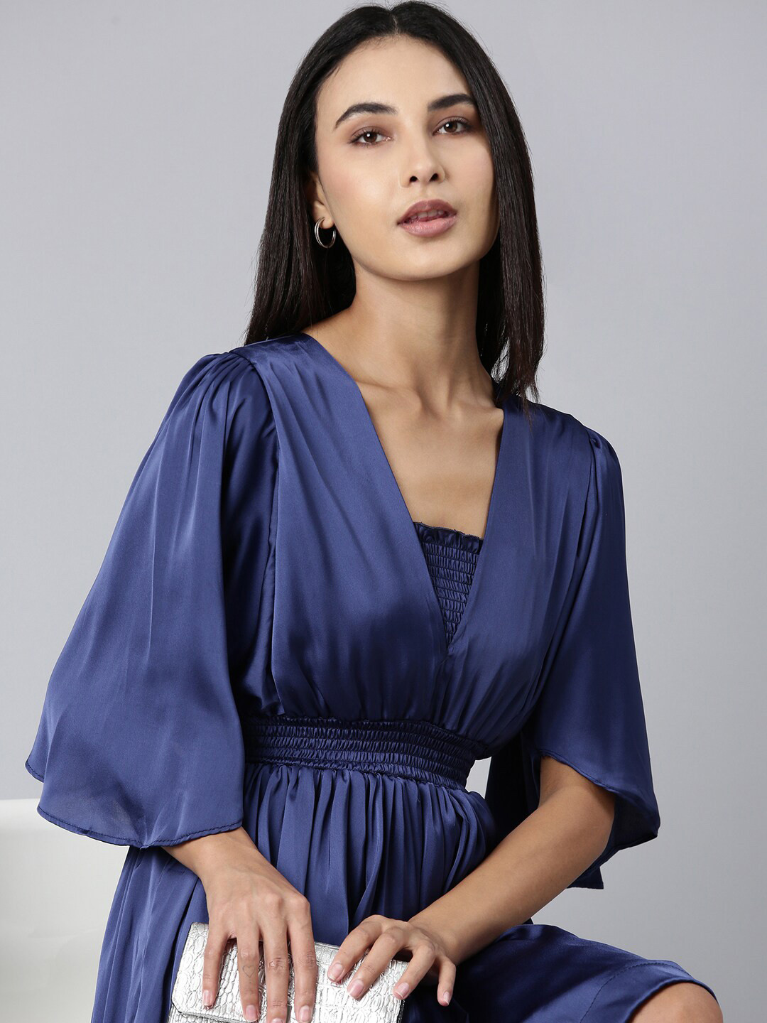 SHOWOFF Navy Blue Puff Sleeve Satin Fit & Flare Midi Dress