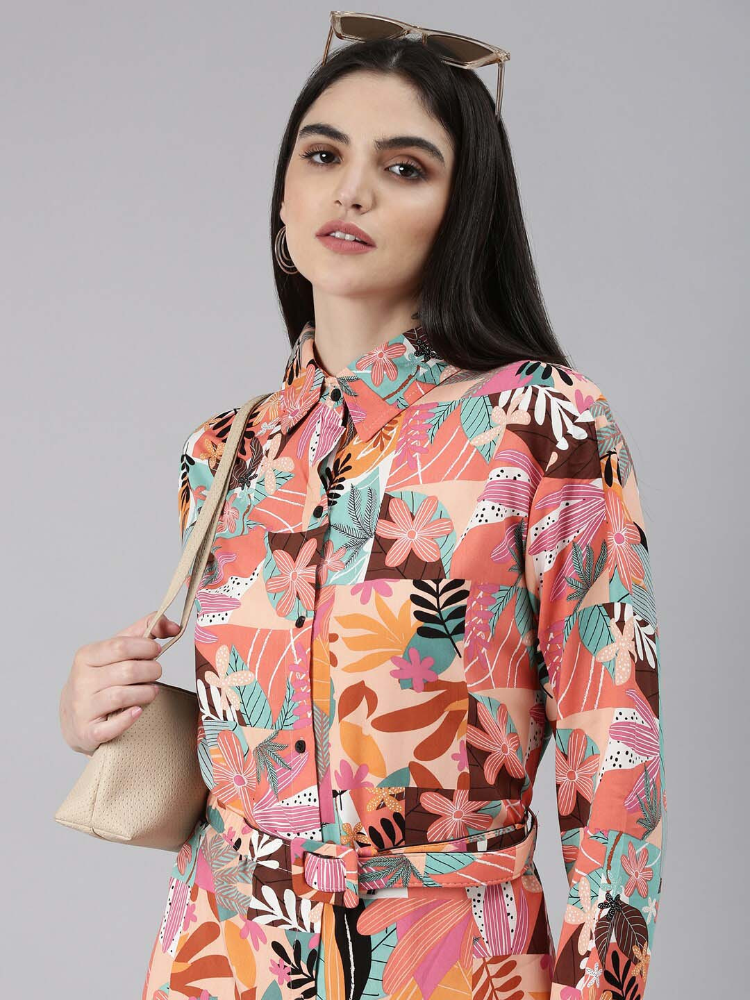 SHOWOFF Floral Printed Belted Crepe Shirt Style Dress