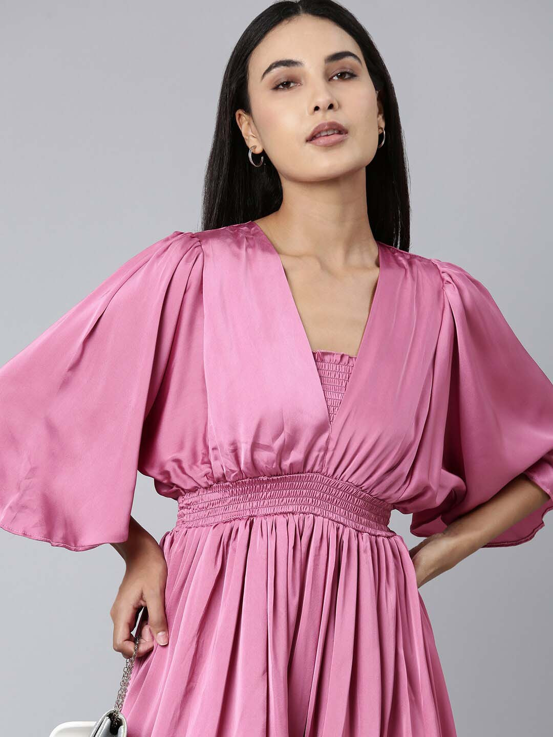 SHOWOFF Pink Puff Sleeve Satin Fit & Flare Midi Dress